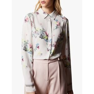 Ted Baker Aadele Pergola Floral Button Up Blouse Size M White Long Sleeve Crepe